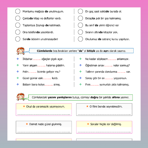 4. Sınıf Türkçe - De Bağlacı ve Ekinin Yazımı Etkinliği