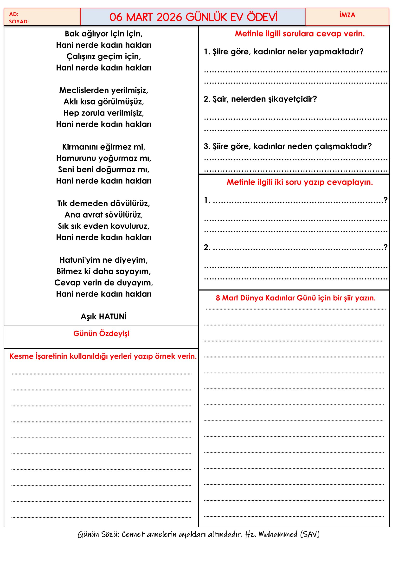 4.Sınıf - 06 Mart 2026 Günlük Ev Ödevleri