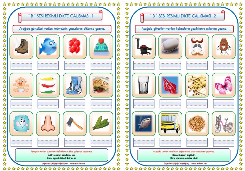 1.Sınıf B-b Sesi Resimli Dikte Çalışması  (2 Sayfa)