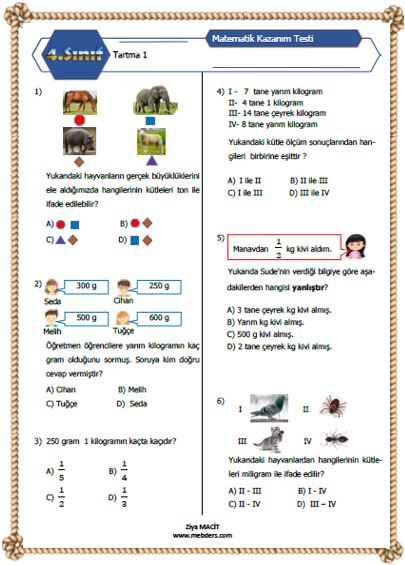 4. Sınıf Matematik Tartma Kazanım Testi  1