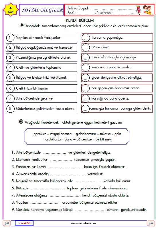 4. Sınıf Sosyal Bilgiler Kendi Bütçem Etkinliği