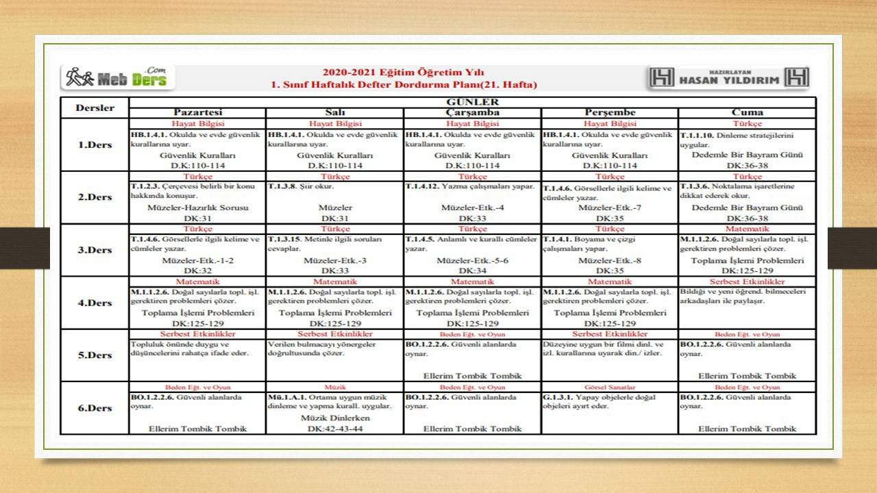 1.Sınıf 21.Hafta(08-12 Mart) Defter Dolum Planı