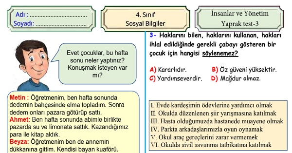 4.Sınıf Sosyal Bilgiler İnsanlar ve Yönetim Ünitesi Yaprak Test 3