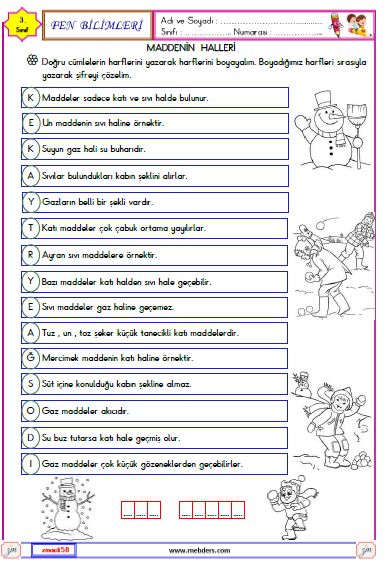 3. Sınıf Fen Bilimleri Maddenin Halleri  Etkinliği 4