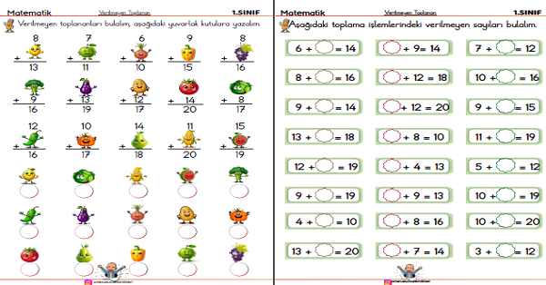 1. Sınıf Matematik Toplamada Verilmeyen Toplananı Bulma Çalışması (6 Sayfa)