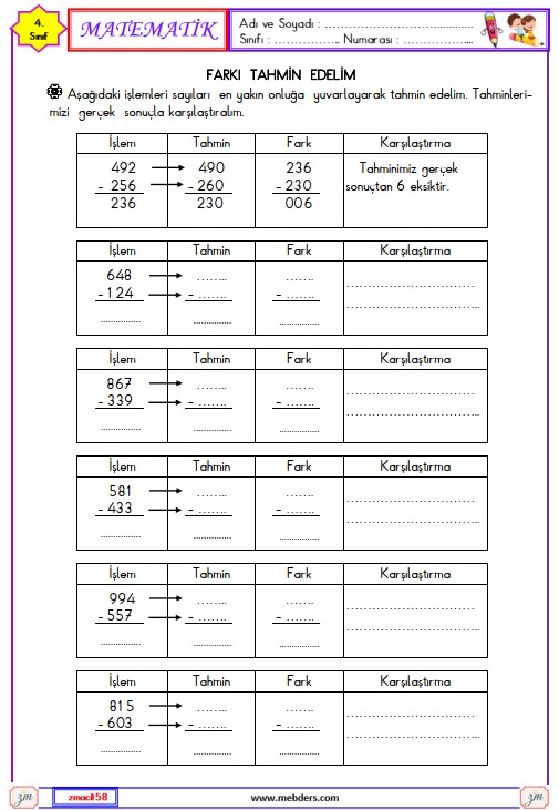 4. Sınıf Matematik Çıkarma İşleminin Sonucunu Tahmin Edelim Etkinliği 1