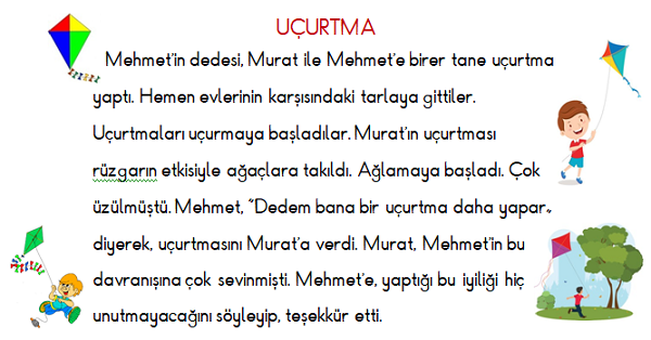 1.Sınıf Türkçe Uçurtma Okuma ve Anlama Etkinliği