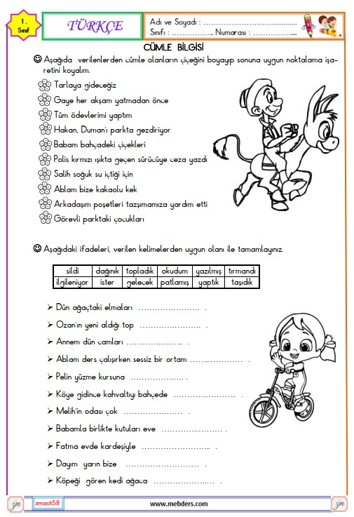 1. Sınıf Türkçe Cümle Bilgisi Etkinliği