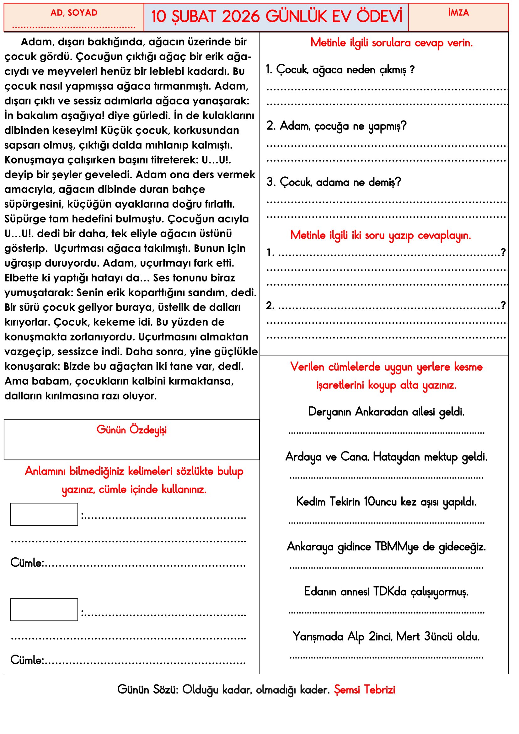 3.Sınıf - 10 Şubat 2026 Günlük Ev Ödevleri