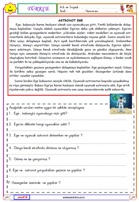 3. Sınıf Türkçe Okuma ve Anlama Etkinliği (Astronot Ege )