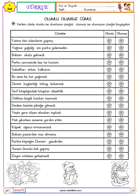 2. Sınıf Türkçe Olumlu ve Olumsuz Cümle Etkinliği