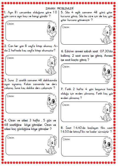 3. Sınıf Matematik Zaman Problemleri Etkinliği 1