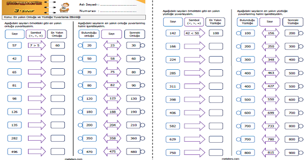 3.Sınıf Matematik En yakın Onluğa ve Yüzlüğe Yuvarlama Etkinliği 3