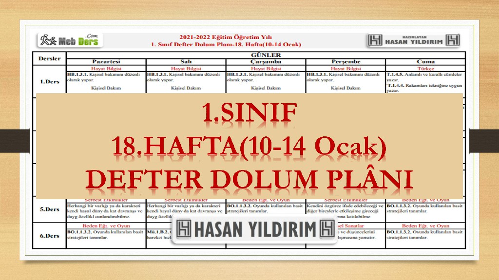 1.Sınıf 18.Hafta(10-14 Ocak) Defter Dolum Planı