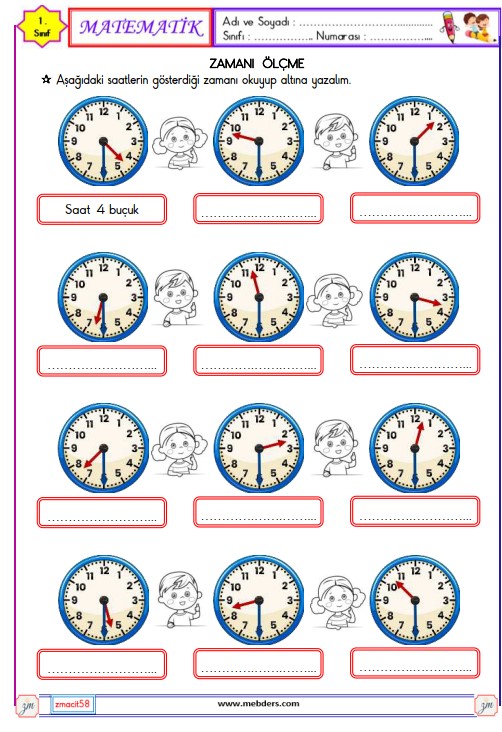 1. Sınıf Matematik Zamanı Ölçme , Saat Etkinliği 3