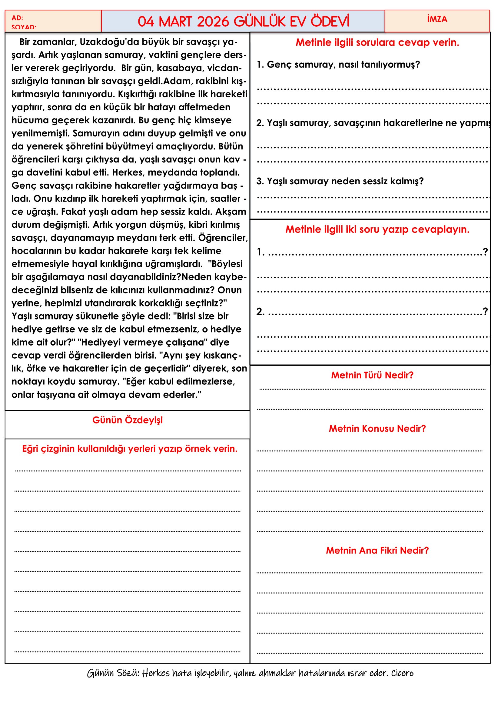 4.Sınıf - 04 Mart 2026 Günlük Ev Ödevleri