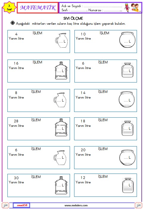 3. Sınıf Matematik Sıvı Ölçme Etkinliği 7