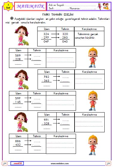 3. Sınıf Matematik Farkı Tahmin Edelim Etkinliği 2