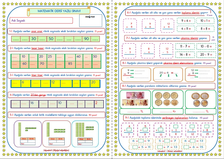 1.Sınıf Matematik Dersi Değerlendirme Sınavı