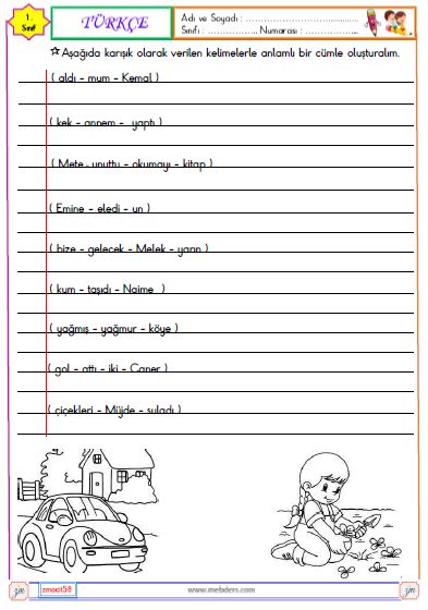 1. Sınıf Türkçe Cümle Oluşturma Etkinliği 1