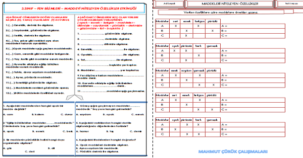 3.Sınıf Fen Bilimleri Maddeleri Niteleyen Özellikler Etkinlikleri