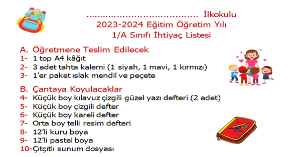 1.Sınıf İhtiyaç Listesi (Word)