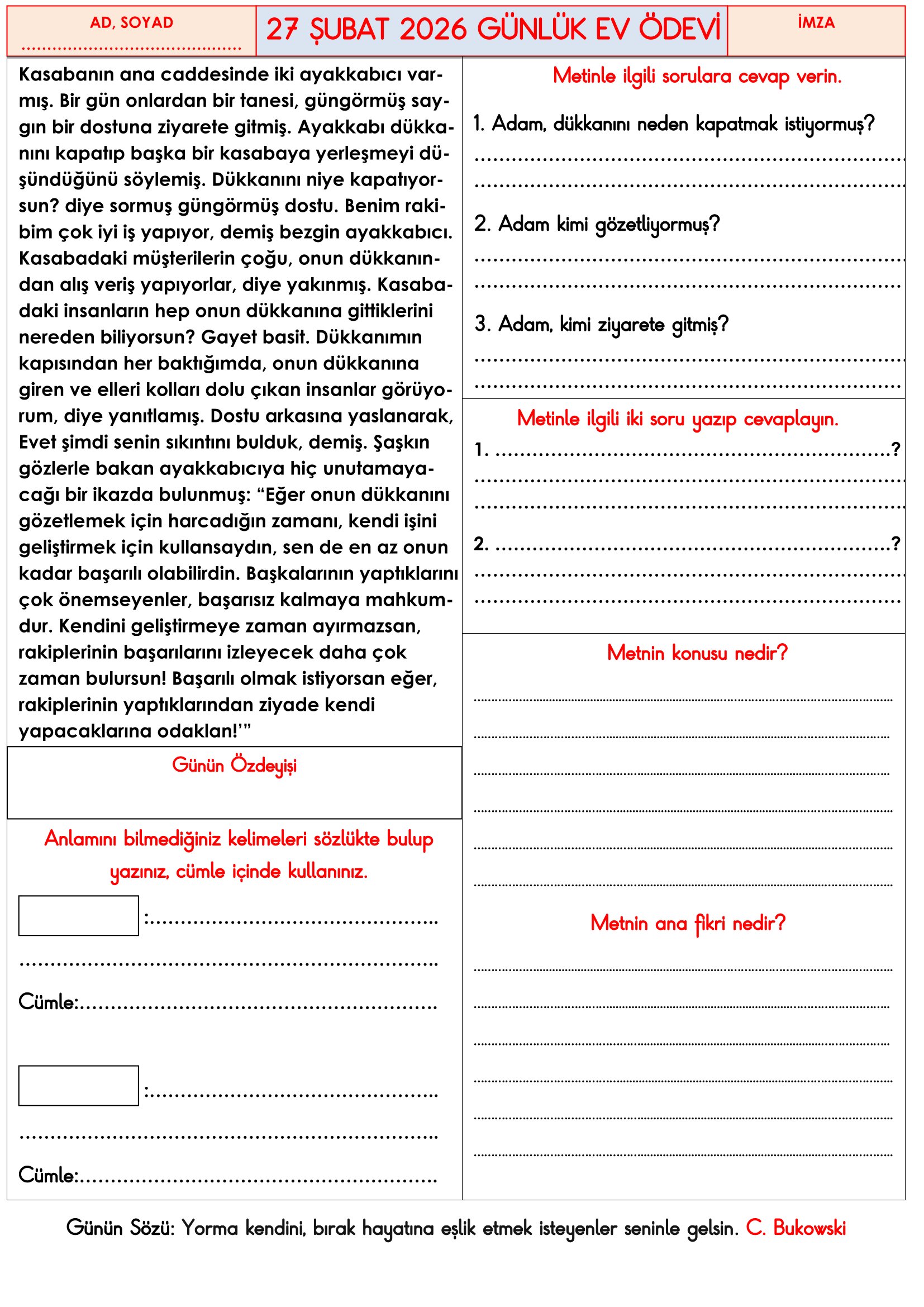 3.Sınıf - 27 Şubat 2026 Günlük Ev Ödevleri