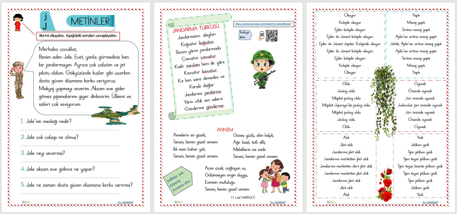 1. Sınıf İlk Okuma Yazma J Sesi METİNLER