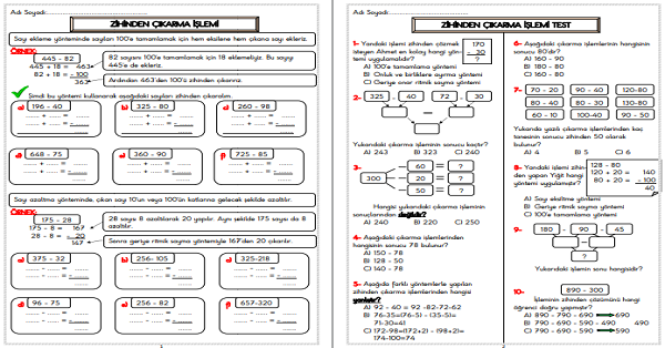 3.Sınıf - Matematik Zihinden Çıkarma İşlemi 9