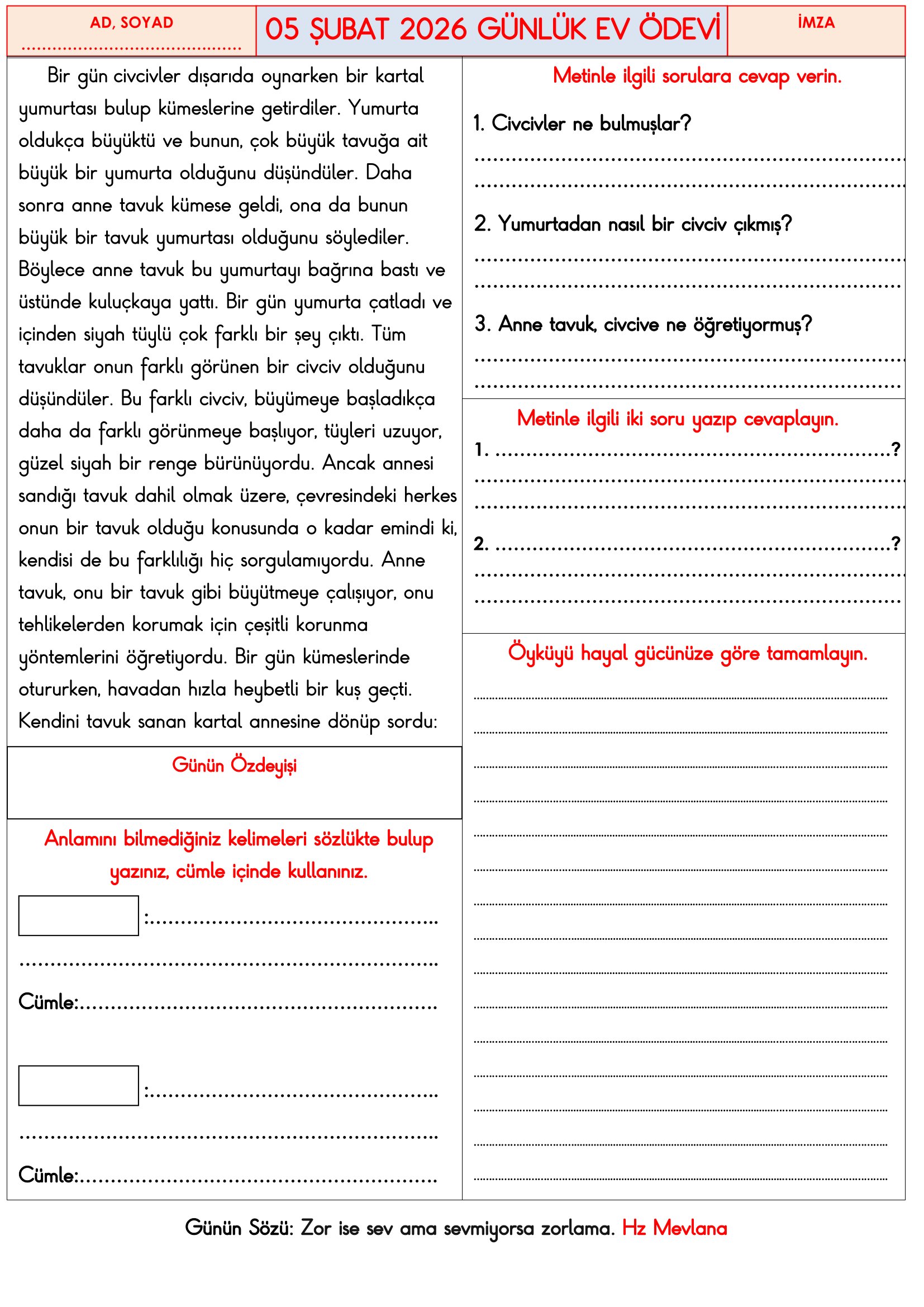 3.Sınıf - 05 Şubat 2026 Günlük Ev Ödevleri