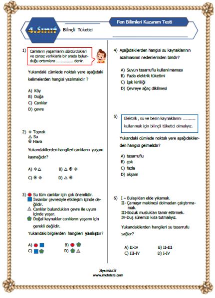 4. Sınıf Fen Bilimleri Bilinçli Tüketici Kazanım Testi