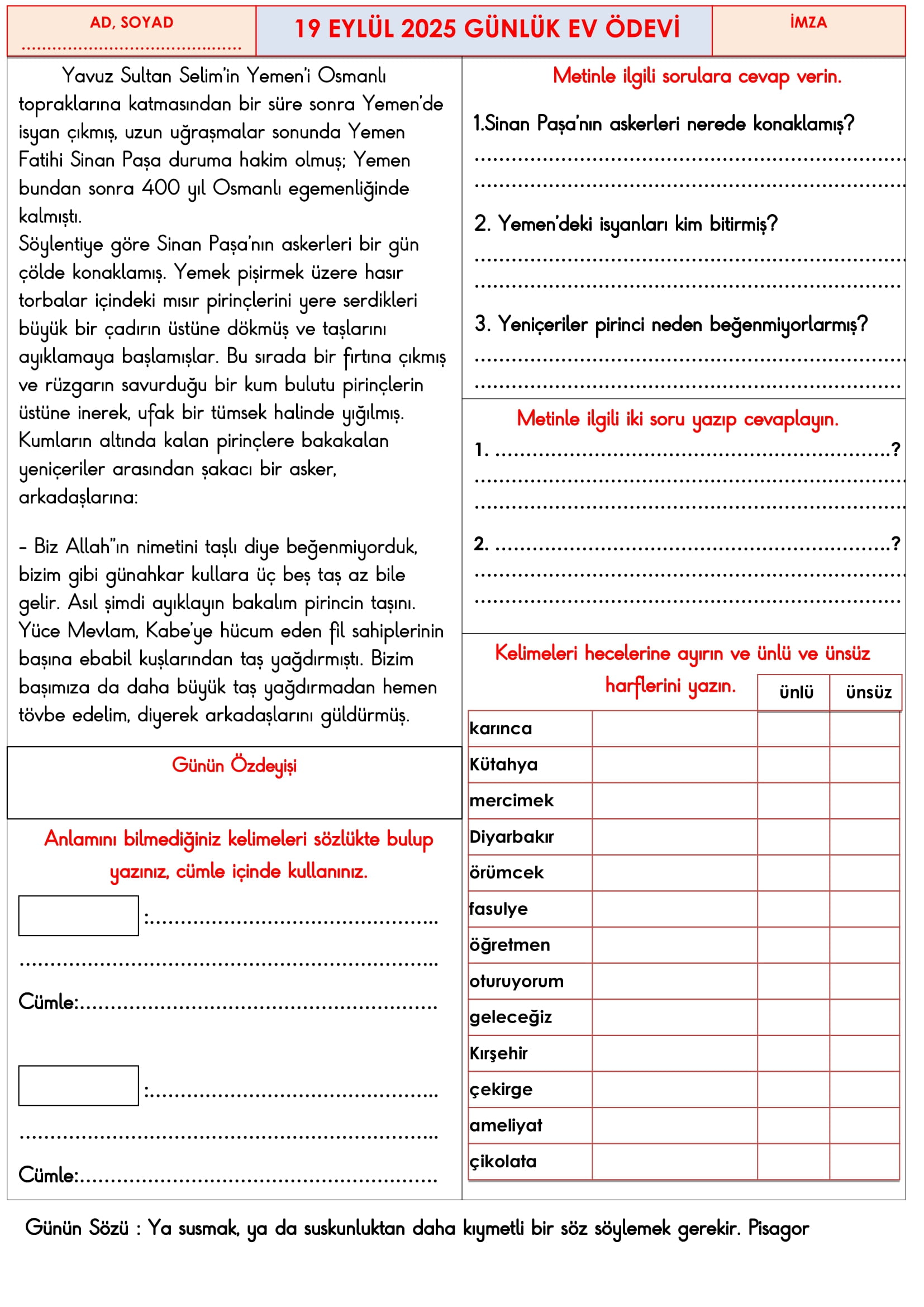 3.Sınıf - 19 Eylül 2025 Günlük Ev Ödevleri