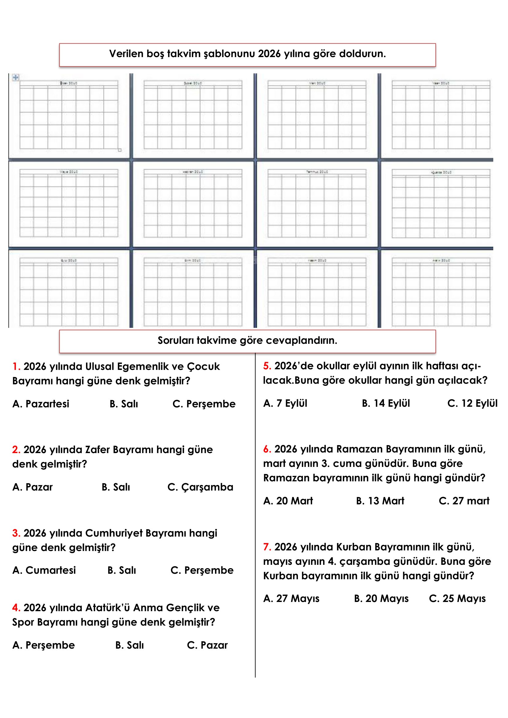 2.Sınıf - Matematik - Takvim Etkinliği-2