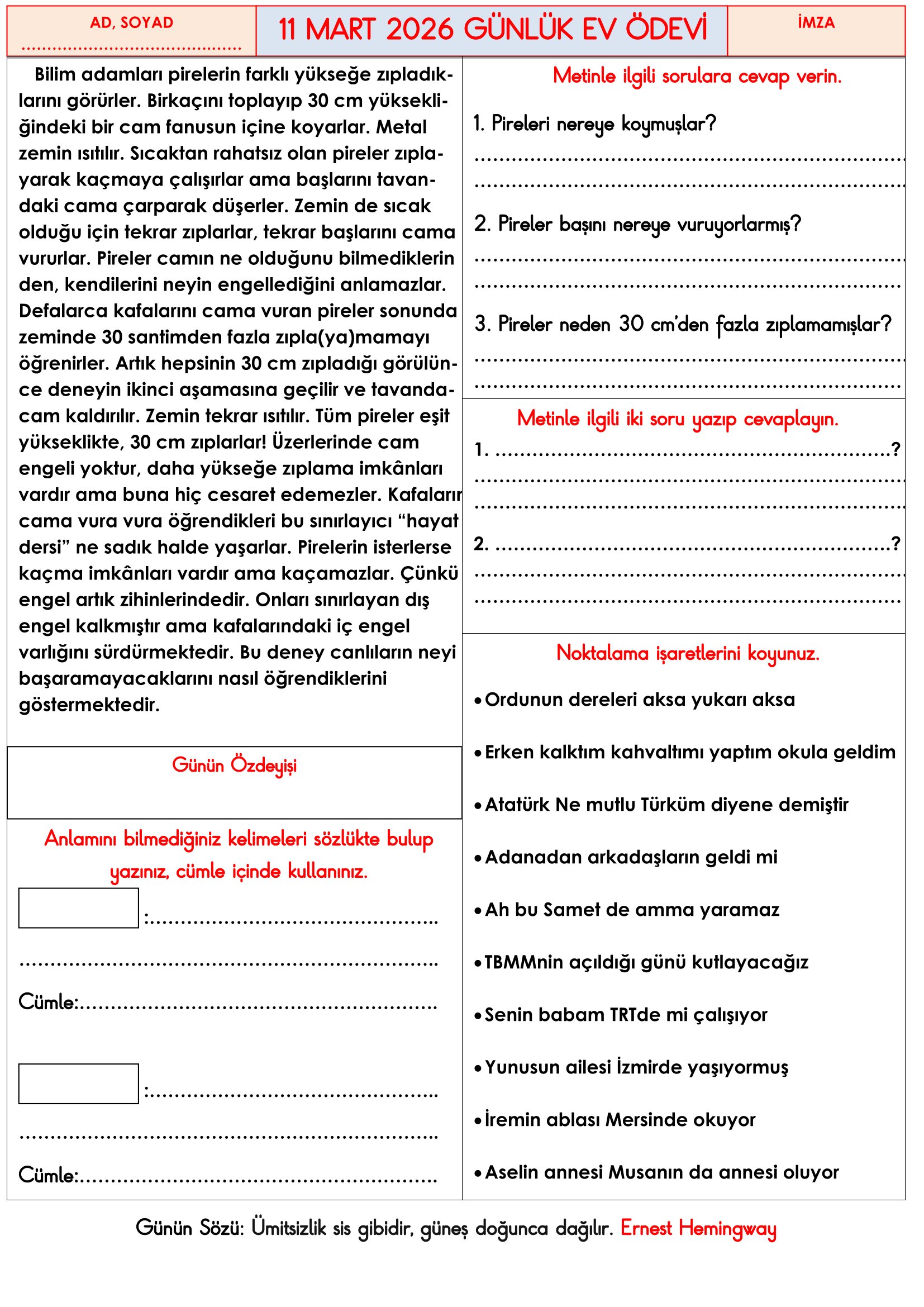 3.Sınıf - 11 Mart 2026 Günlük Ev Ödevleri