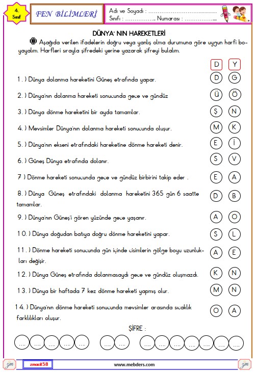 4. Sınıf Fen Bilimleri Dünya'nın Hareketleri Etkinliği 3