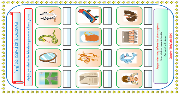 1. Sınıf İlk Okuma Yazma Y-y Sesi Resimli Dikte Çalışması