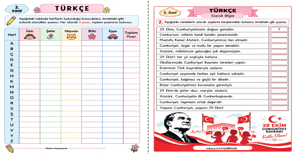 2. Sınıf Türkçe Sözcük Bilgisi ve İsim Cisim Oyunu