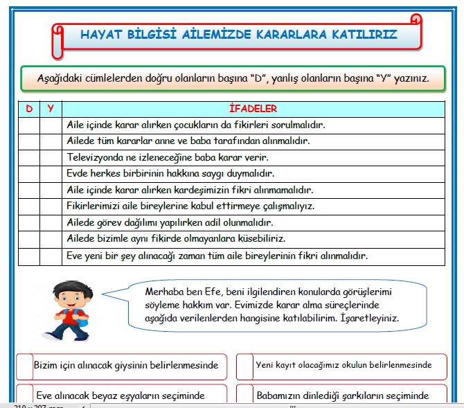 2.Sınıf Hayat Bilgisi Ailemizde Kararlara Katılırız Etkinlik Çalışması