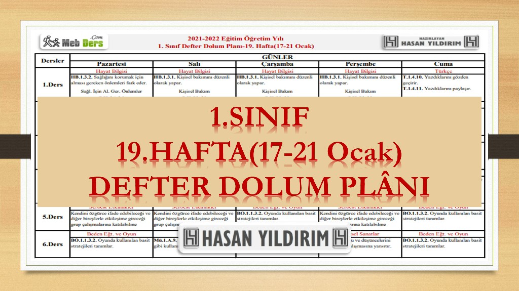 1.Sınıf 19.Hafta(17-21 Ocak) Defter Dolum Planı