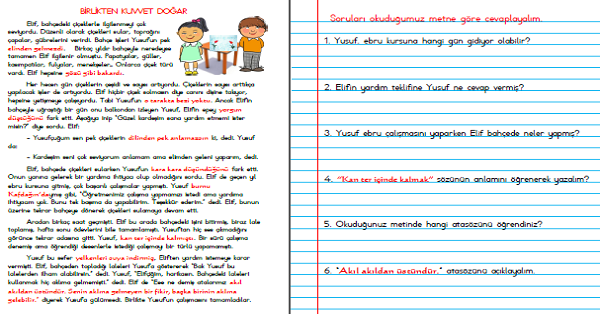 4. Sınıf Türkçe Okuma Anlama (Elif'in Fikri Metni) Atasözü ve Deyim İçerikli