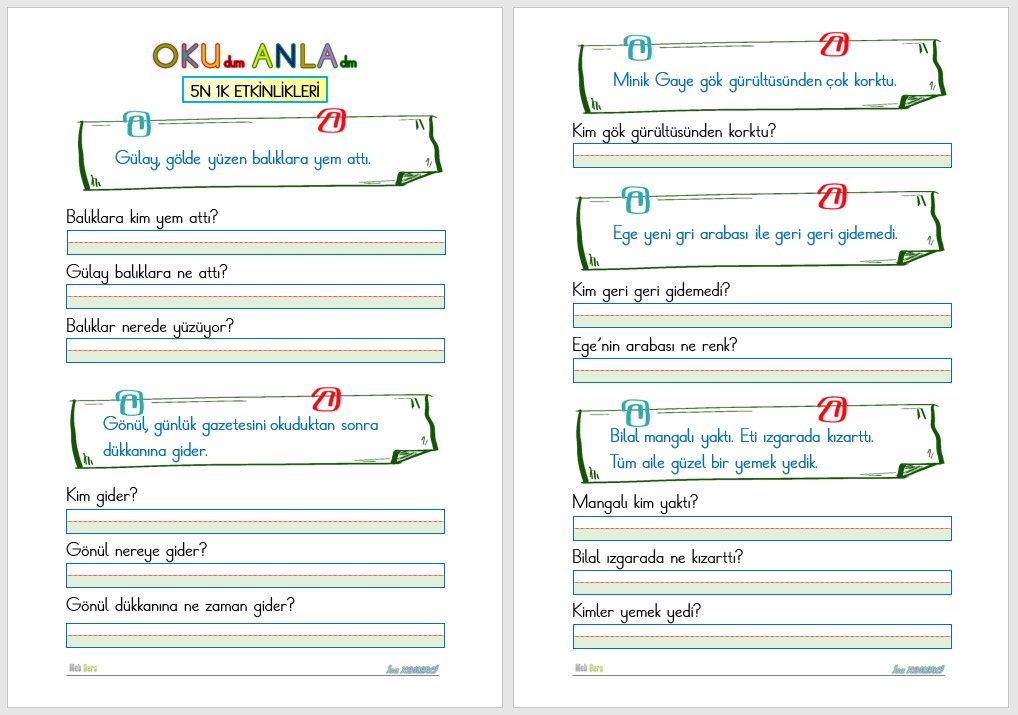 1. Sınıf İlk Okuma Yazma G Sesi Okuma Anlama (5N 1K)