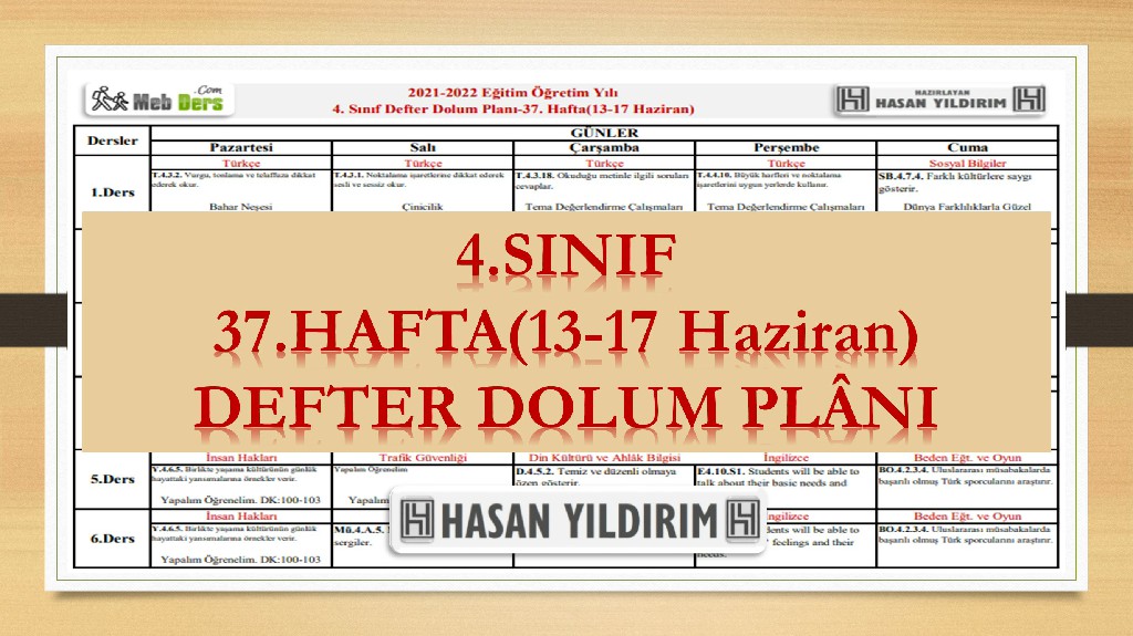 4.Sınıf 37.Hafta(13-17 Haziran) Defter Dolum Planı