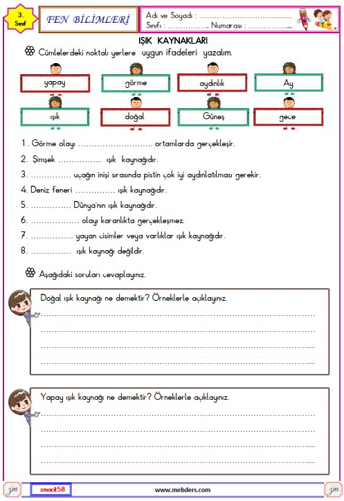 3. Sınıf Fen Bilimleri Işık Kaynakları Etkinliği 2