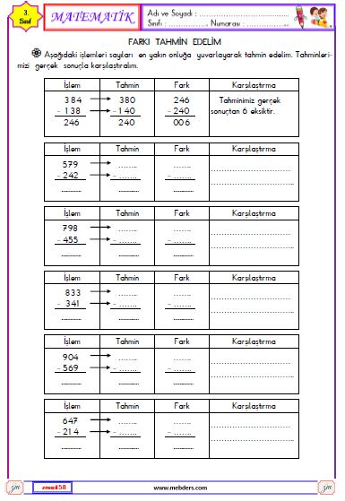 3. Sınıf Matematik Farkı Tahmin Edelim Etkinliği 1