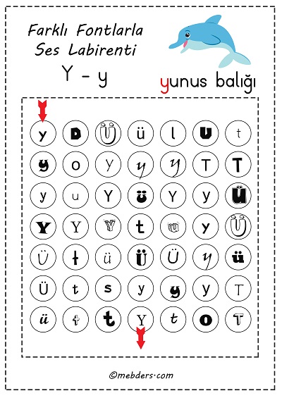 Farklı fontlarla ses labirenti - y sesi