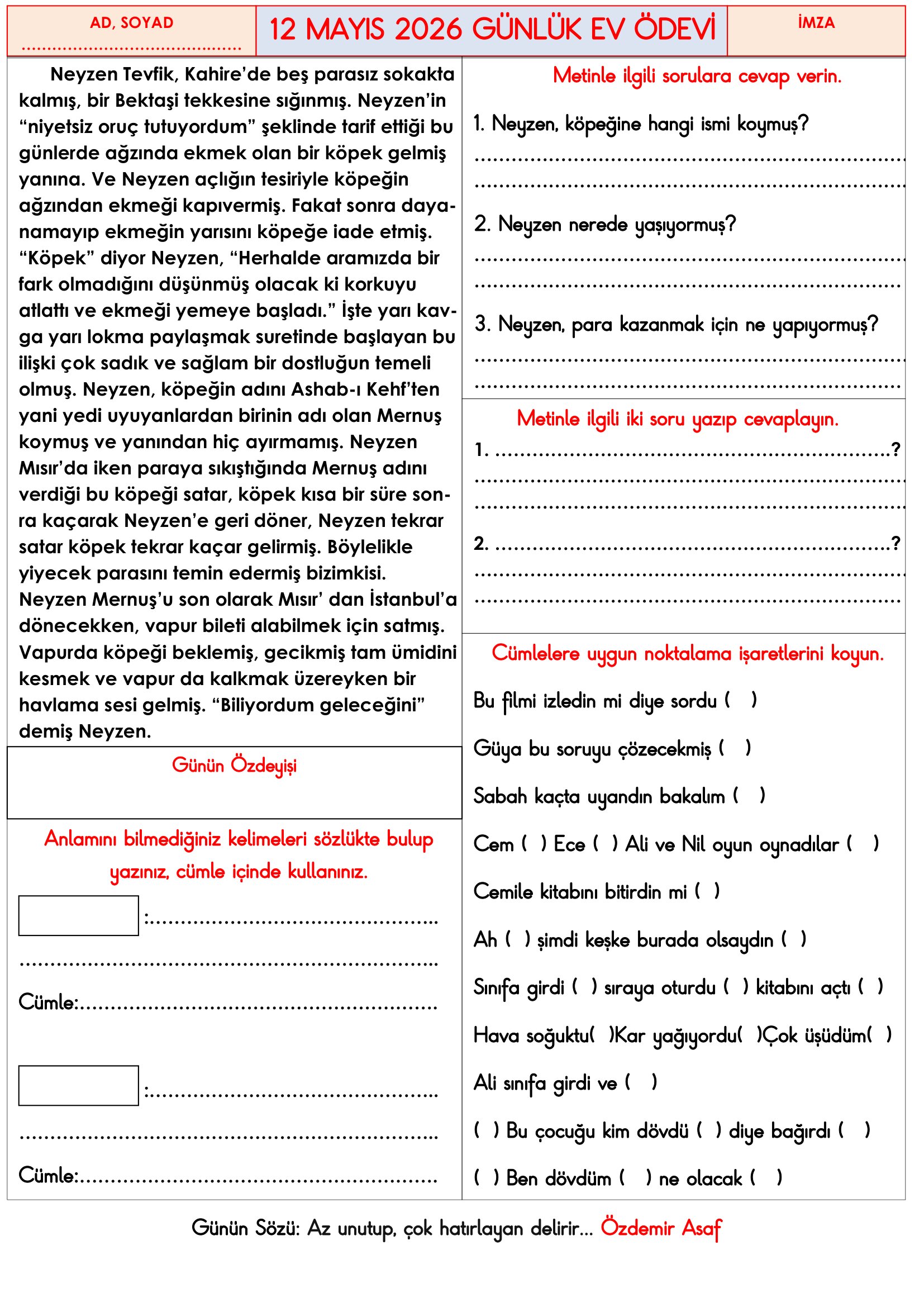 3.Sınıf - 12 Mayıs 2026 Günlük Ev Ödevleri