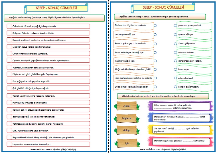 2.Sınıf Türkçe Sebep - Sonuç Cümleleri  (4 Sayfa)