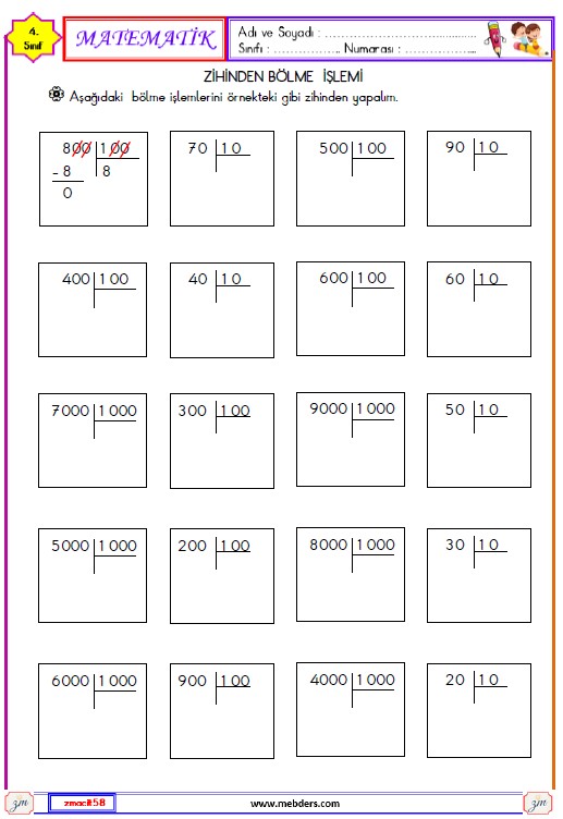 4. Sınıf Matematik Bölme İşlemi Etkinliği 3