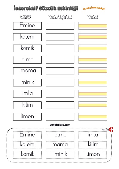 İnteraktif Sözcük Etkinliği - M Sesine Kadar