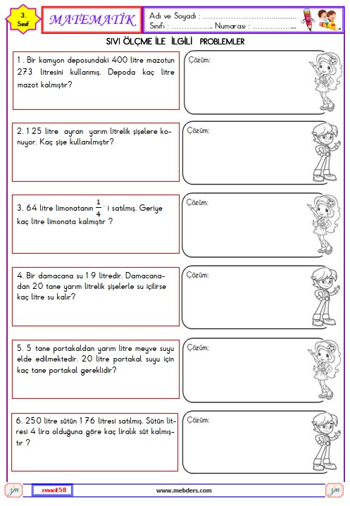 3. Sınıf Matematik Sıvı Ölçme ile İlgili Problemler Etkinliği 7